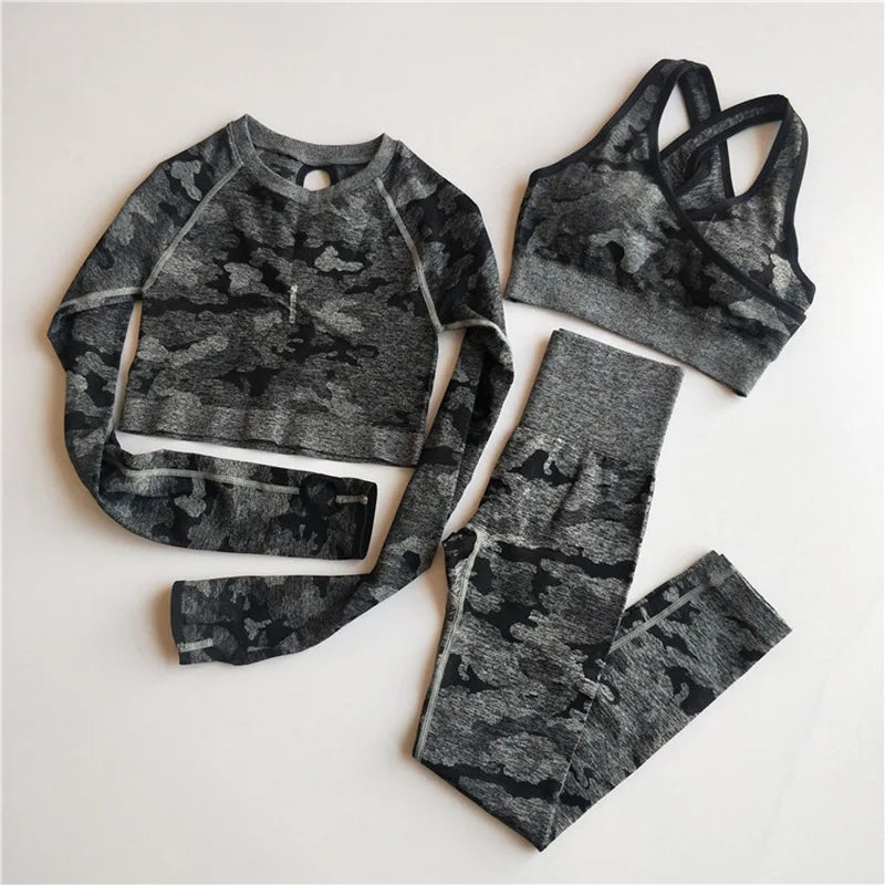 Women Sportswear gym clothing Yoga Set Camouflage Fitness Sports Suits Sports bra long sleeve crop top seamless leggings 2PC Set